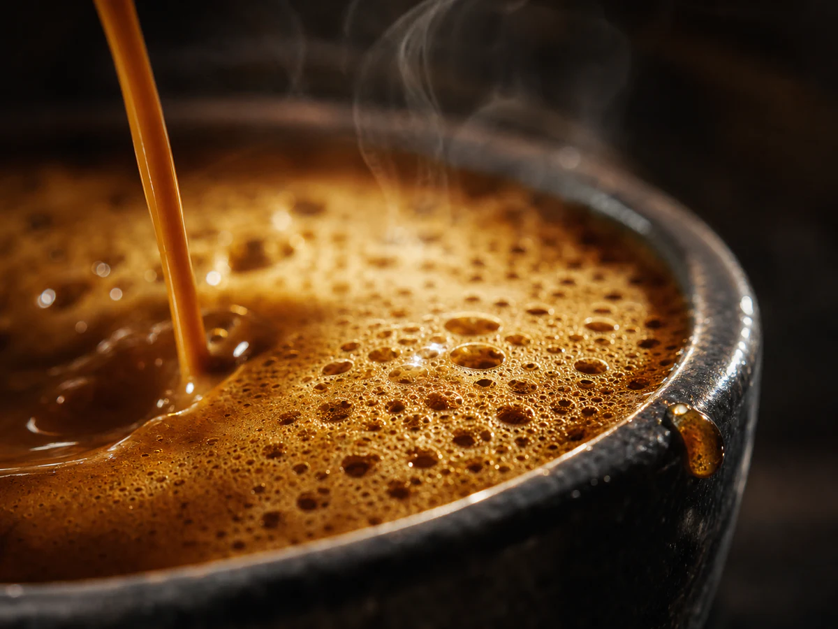 Coffee, steam and fine bubbles photographed in a dark ceramic cup
