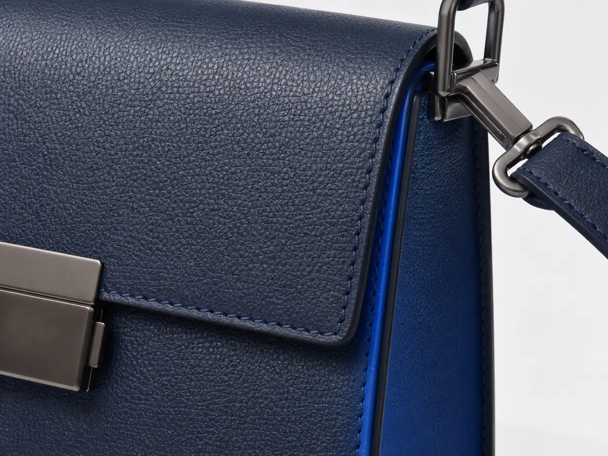 The detail that matters: navy handbag macro study
