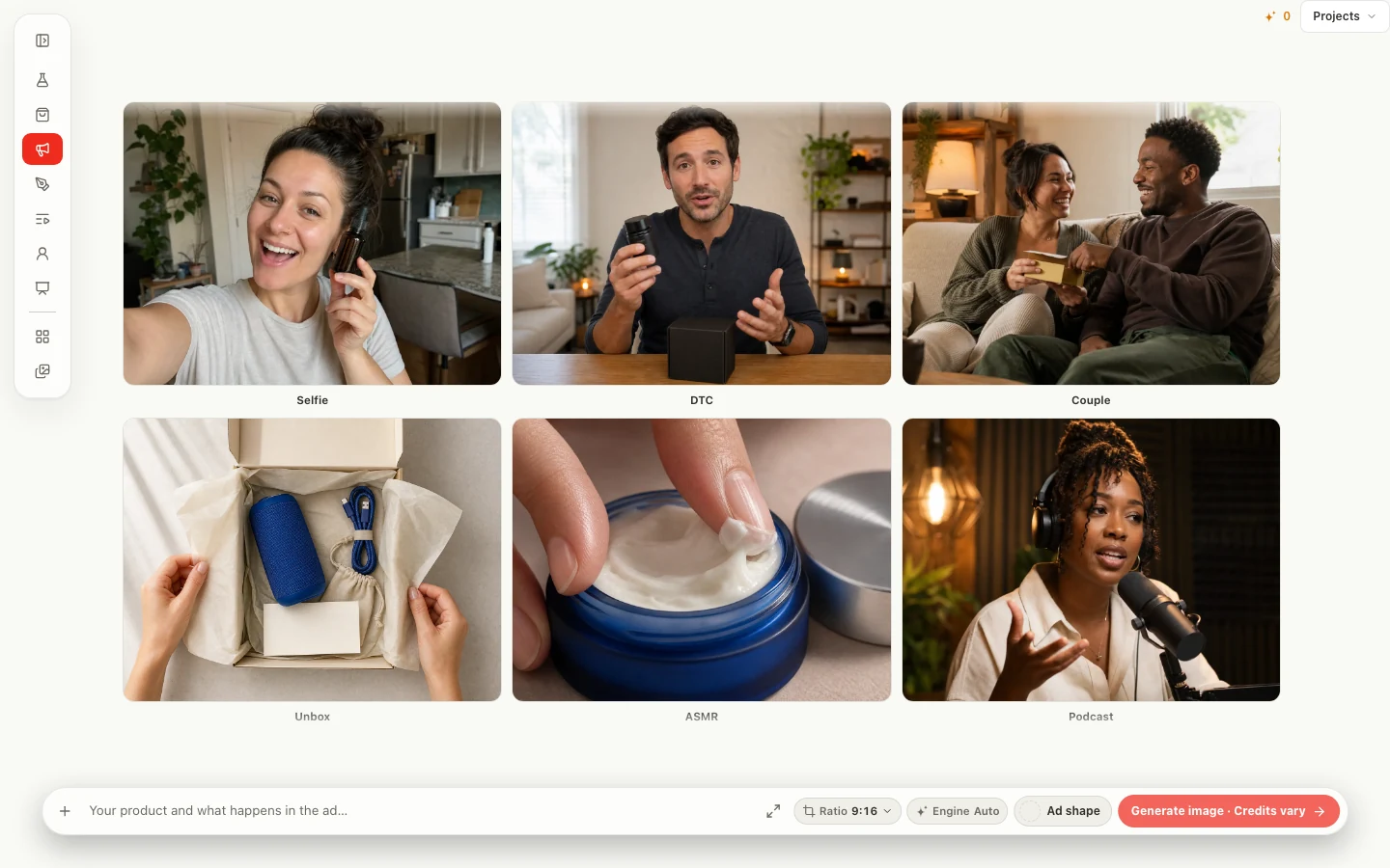 Actual Marketing Studio showing creative formats including Selfie, DTC, Couple, Unbox, ASMR and Podcast above the shared composer