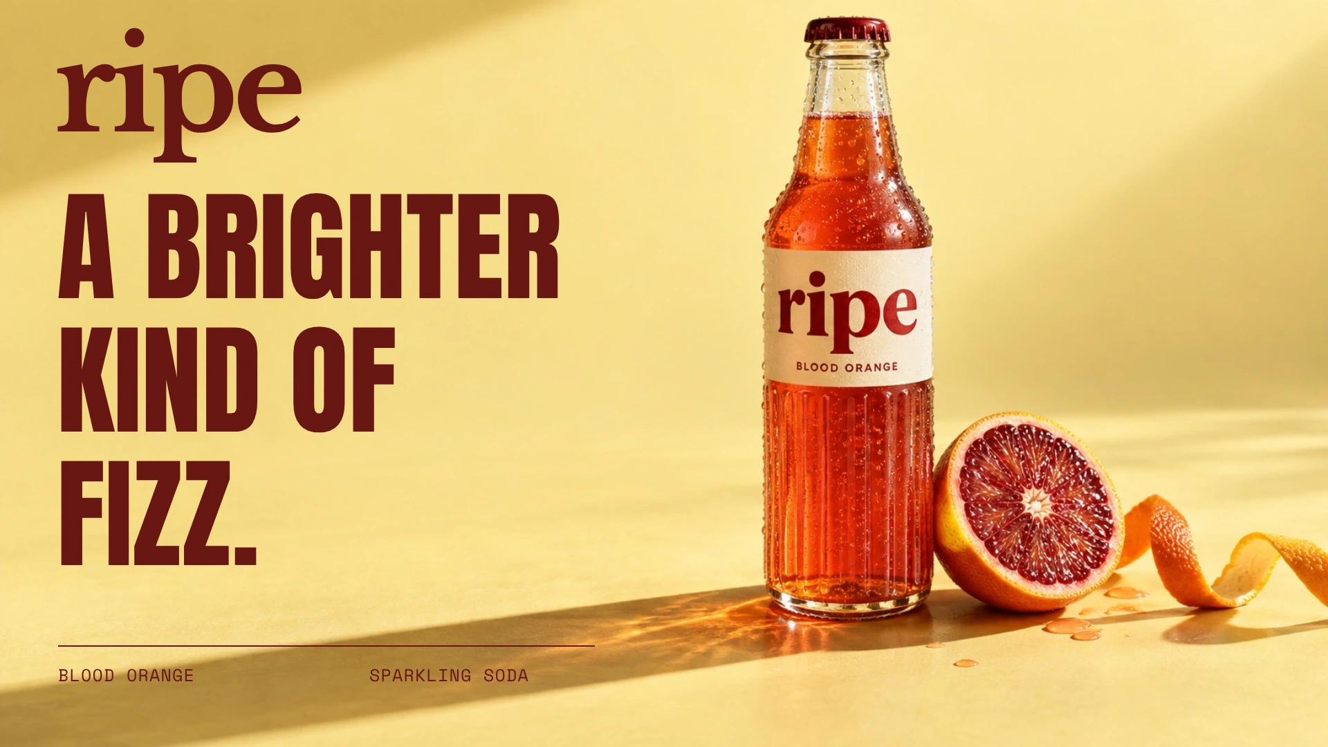 RIPE citrus campaign with its custom wordmark, bottle packaging and expressive typography composed as a banner
