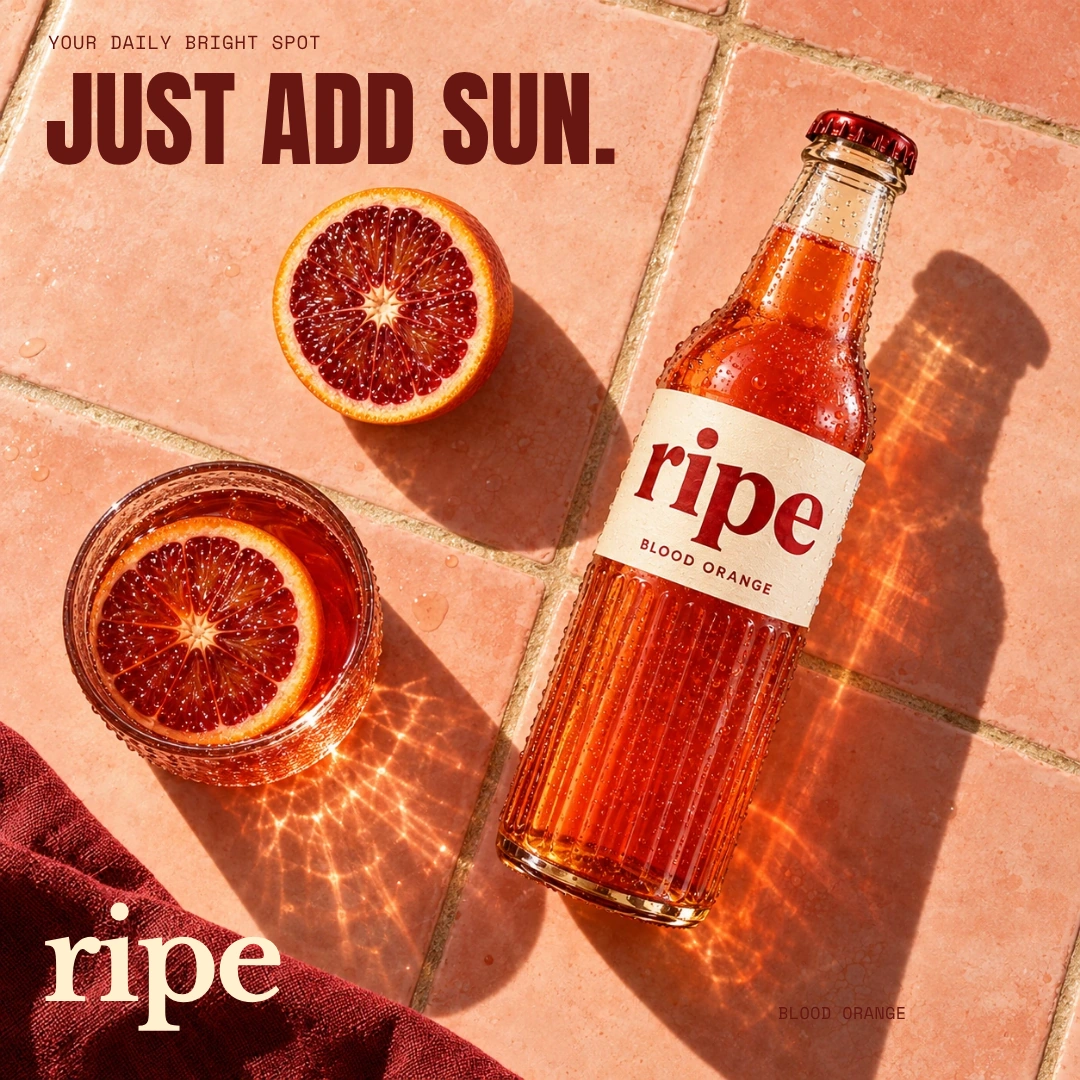 RIPE citrus campaign with its custom wordmark, bottle packaging and expressive typography composed as a post