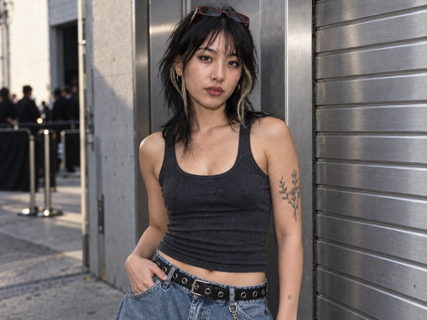 The same Y2K streetwear character interpreted in Editorial, preserving her distinctive hair, piercings and tattoos