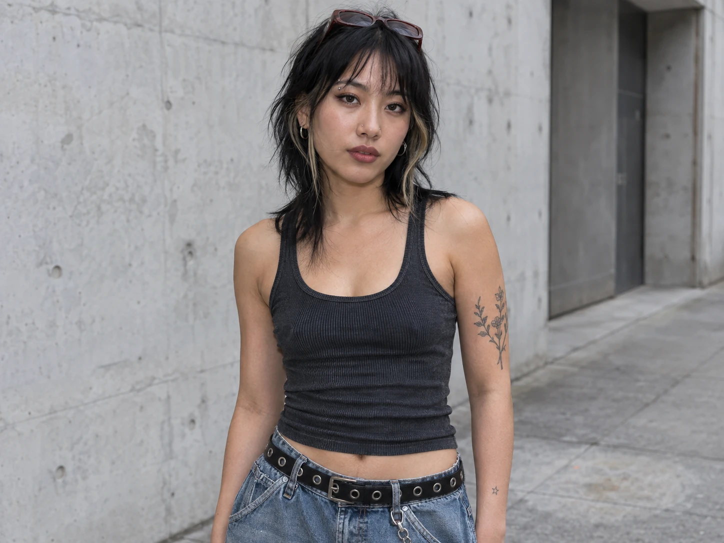 Original adult Y2K streetwear character with shaggy dark hair, silver piercings and fine-line tattoos