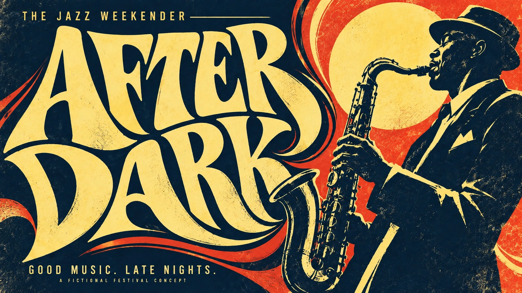 Original screen-print jazz poster with a saxophonist and expressive After Dark title lettering integrated into the artwork