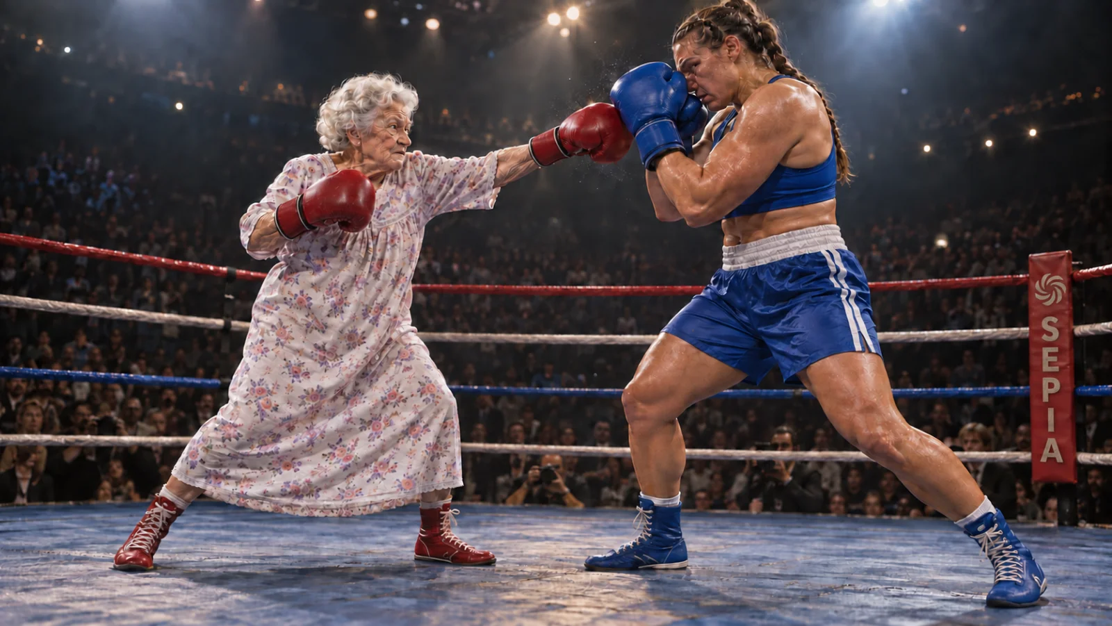 AI-created sports-comedy scene: a grandmother in a floral nightgown boxes a female heavyweight in a ring