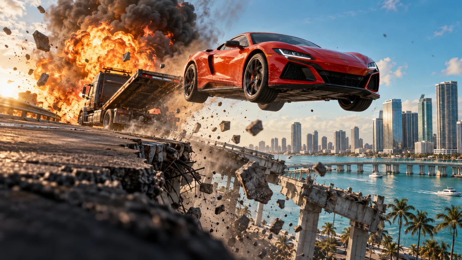 AI-created action scene: a red sports car flies from a tow truck above a crumbling Miami highway with fire behind it