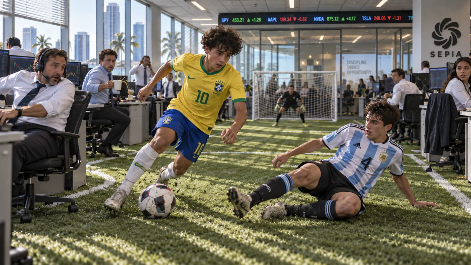 AI-created sports scene: teenagers in Brazil and Argentina jerseys play soccer through a Miami broker call center