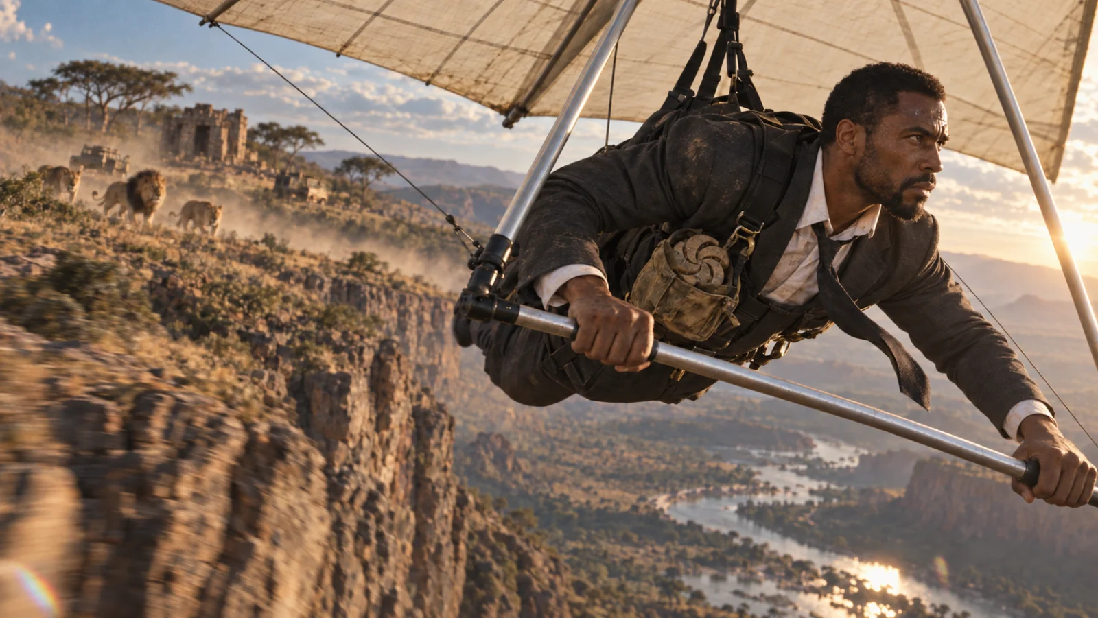 Cinematic glider adventure with natural skin, worn fabric and a physical stone relic