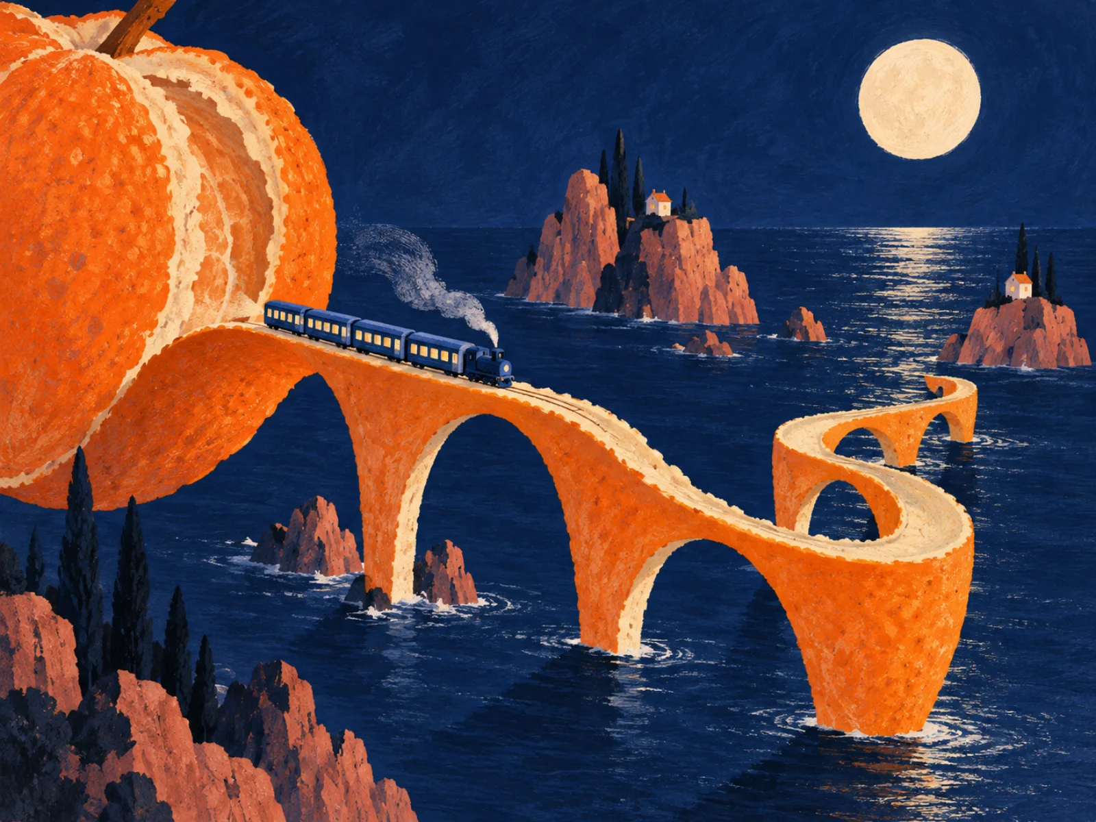 AI-created gouache illustration: a blue night train crosses a tangerine-peel viaduct above an indigo sea under a cream moon