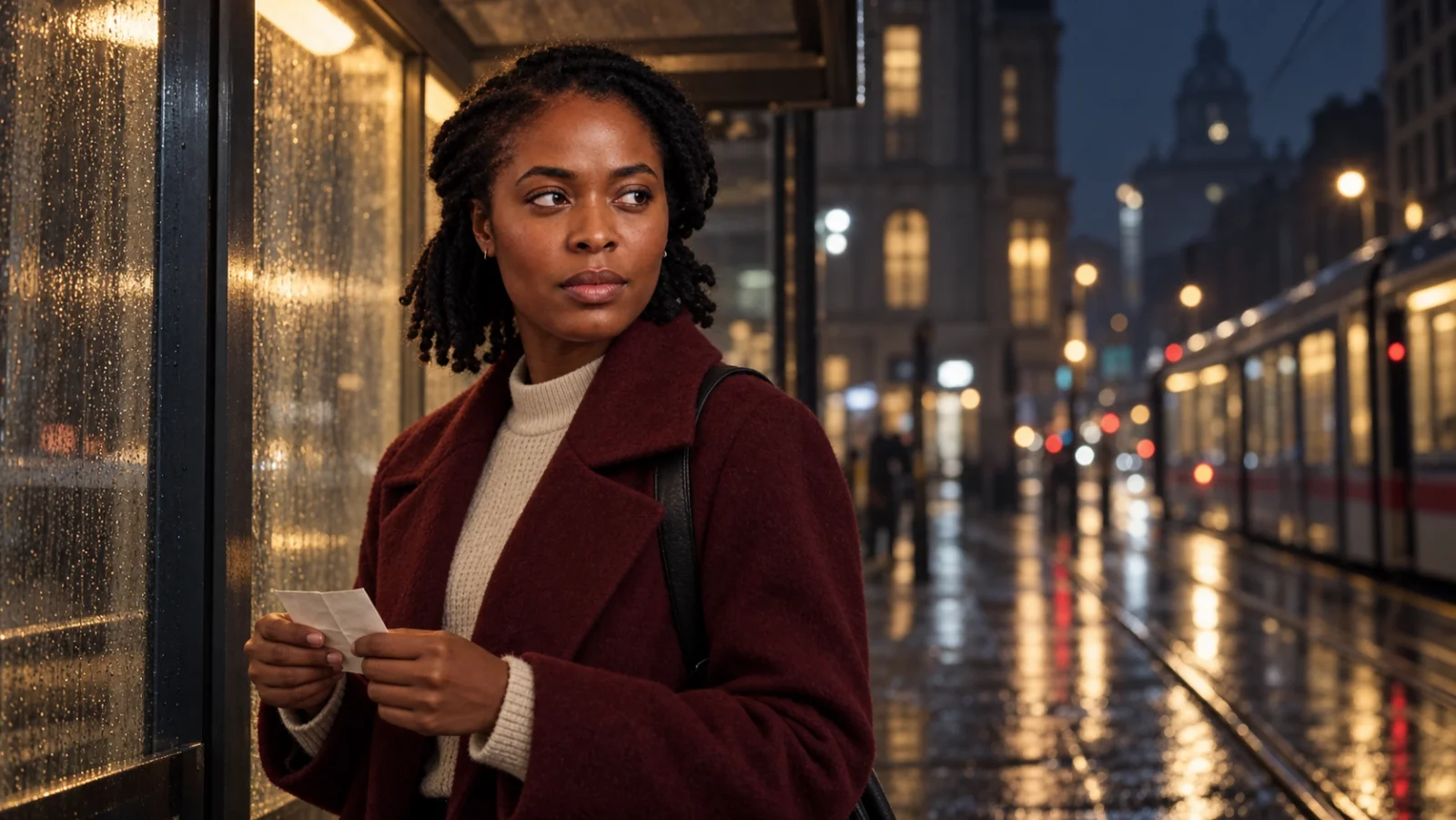 Character in a burgundy coat at a rain-streaked streetcar shelter