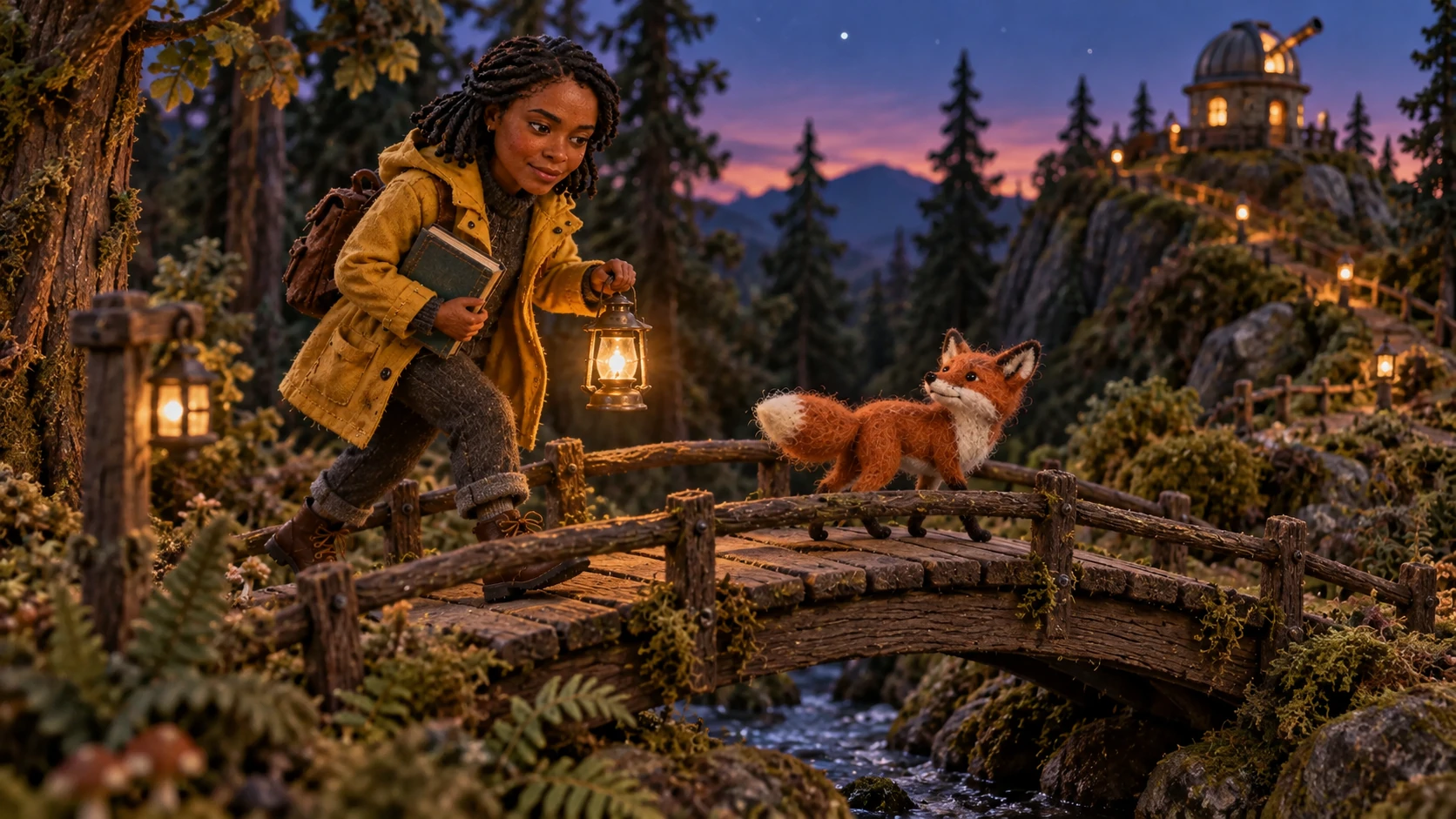 The same handmade character carries a book and lantern across a woodland bridge, following her felt fox toward a hilltop observatory