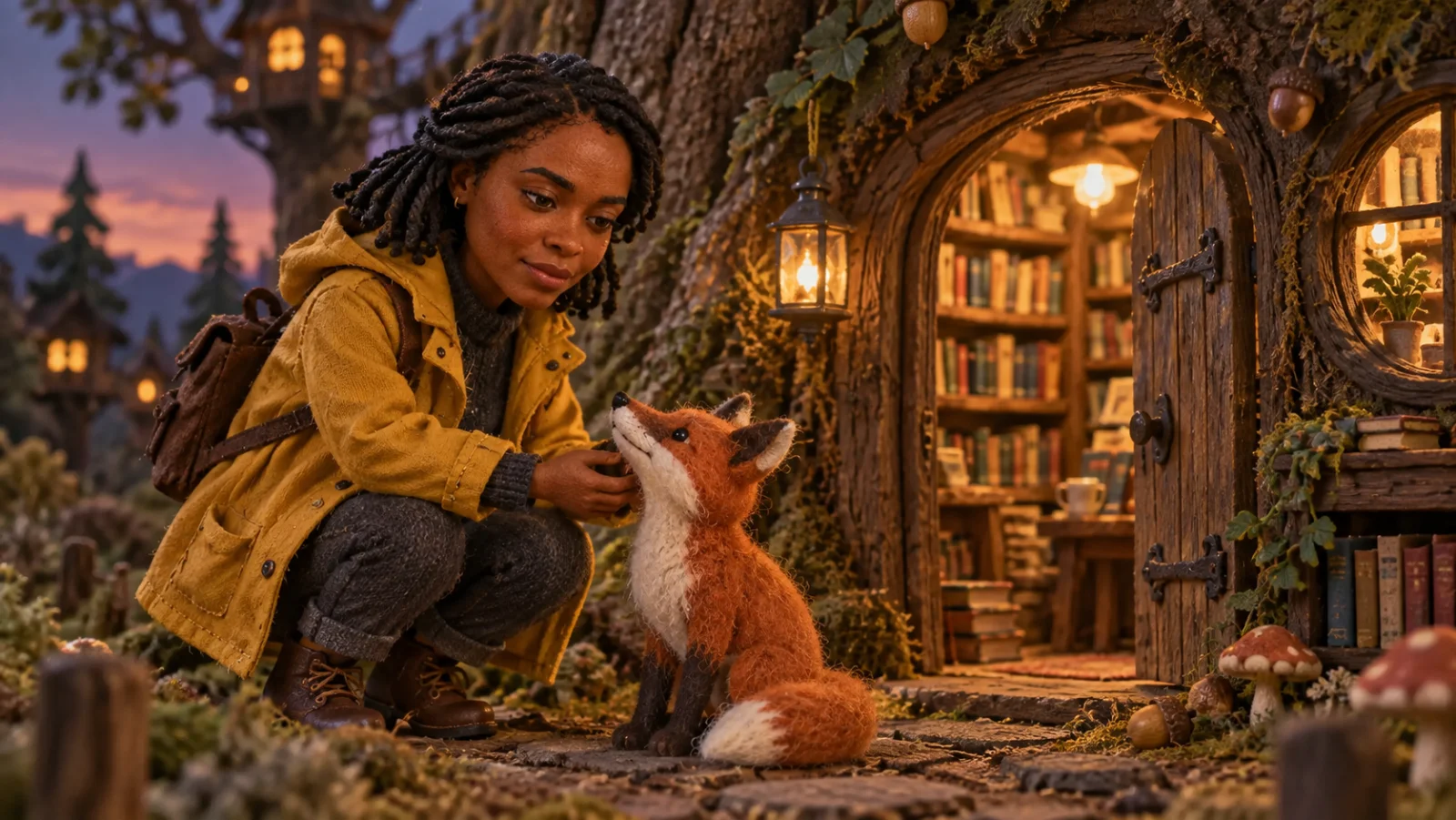 The same character as a handcrafted stop-motion figure in a yellow raincoat meeting a felt fox at a woodland bookshop