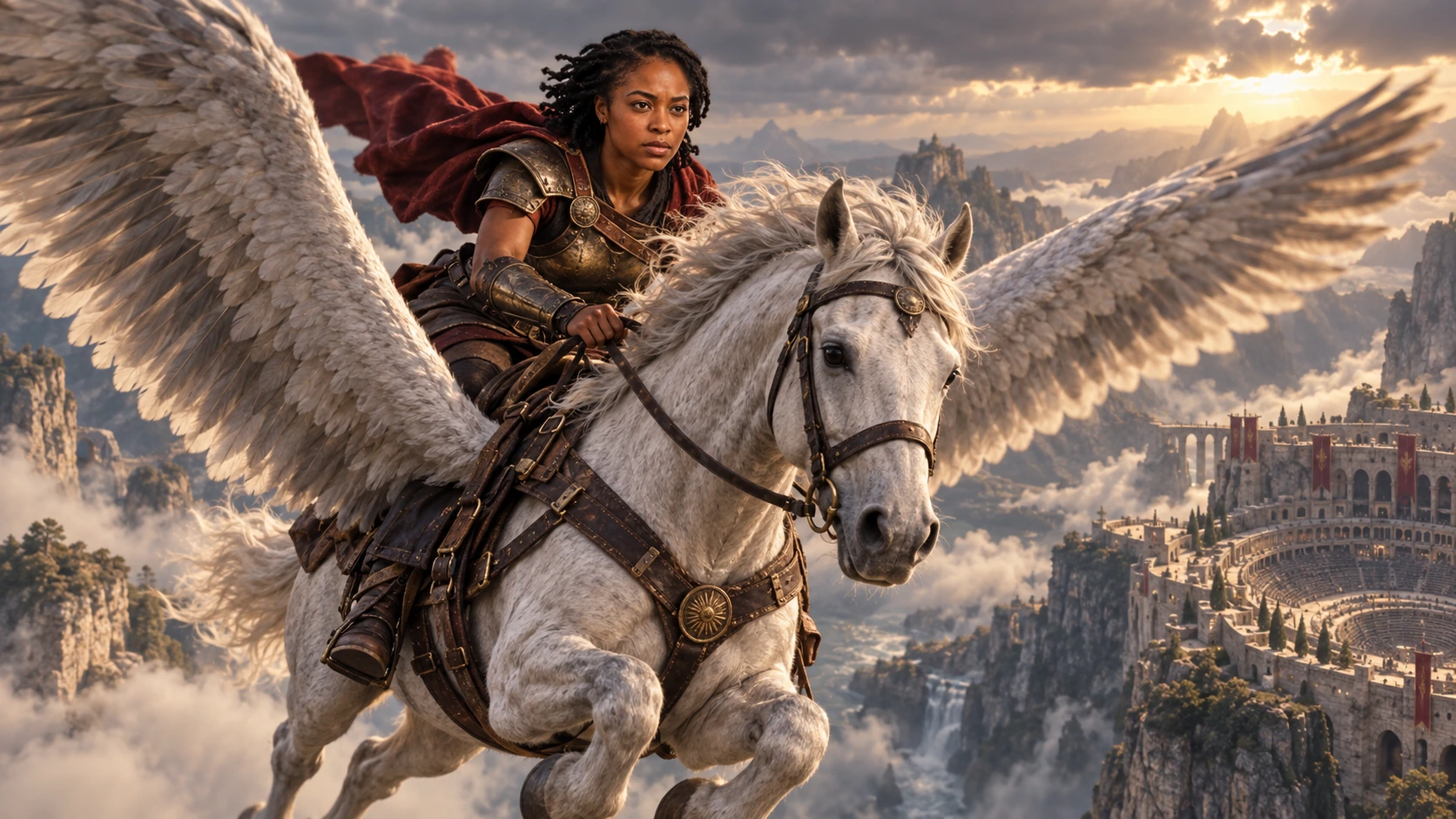The same character as a bronze-armored gladiator riding a white winged horse above an ancient cliffside amphitheater and mist-filled mountain gorge