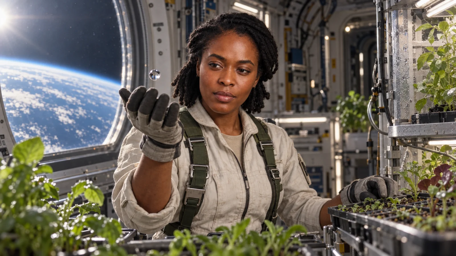 The same character as an orbital botanist in a practical greenhouse, studying a floating droplet with Earth beyond the window
