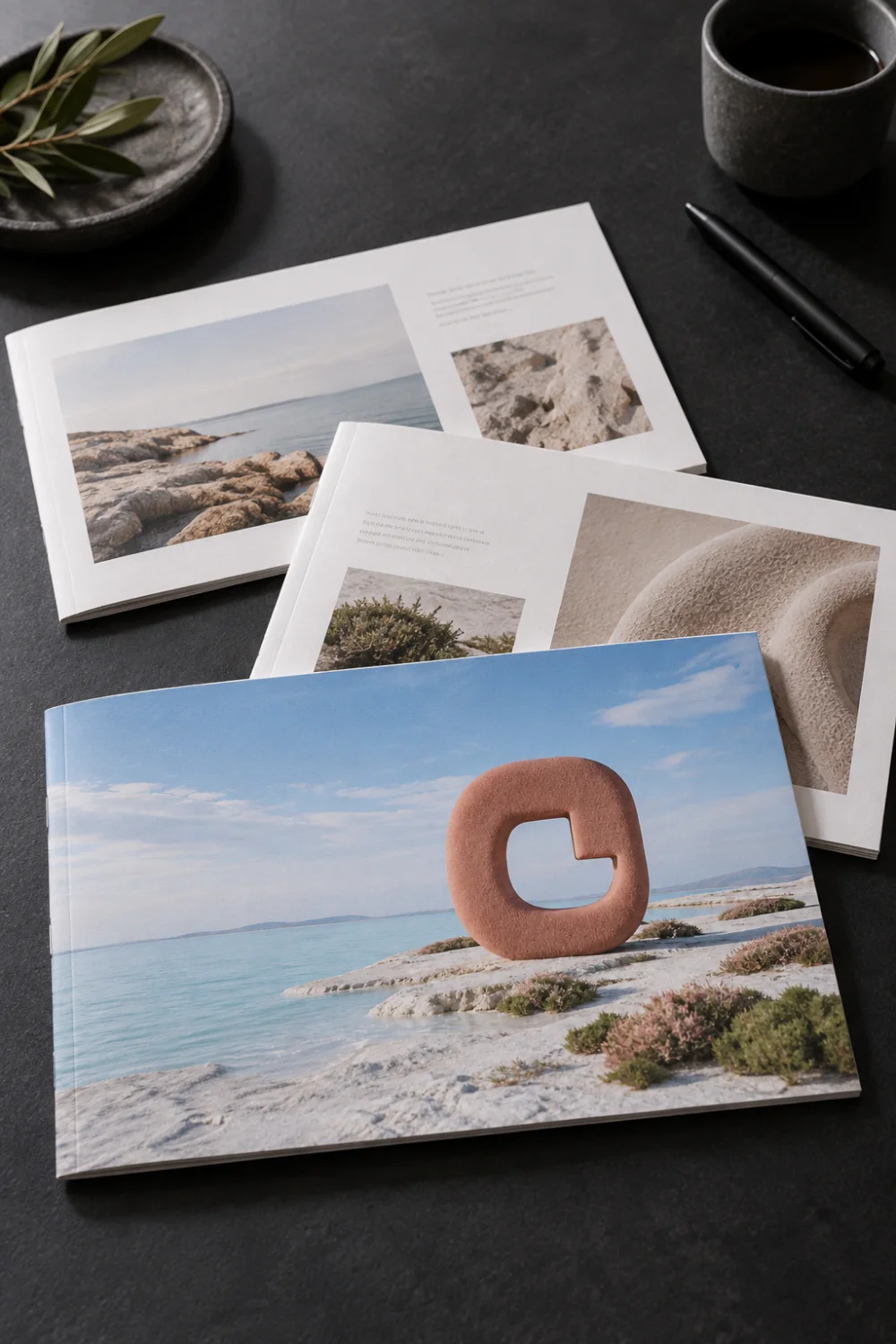 Printed presentation concept with coastal photography and a terracotta sculpture on tactile paper