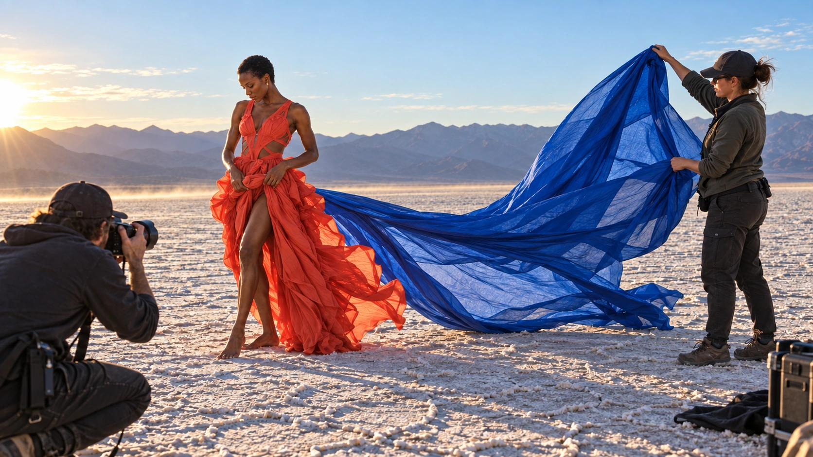 Conceptual fashion setup: photographer and assistant preparing the same coral dress and cobalt silk in low sunlight