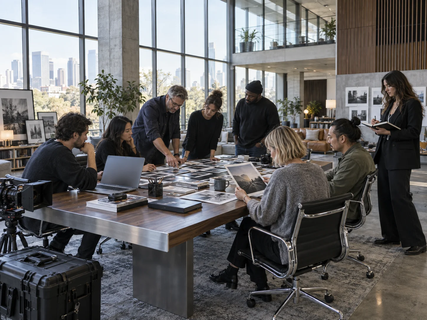 Eight-person creative production team reviewing a project in a spacious contemporary agency office
