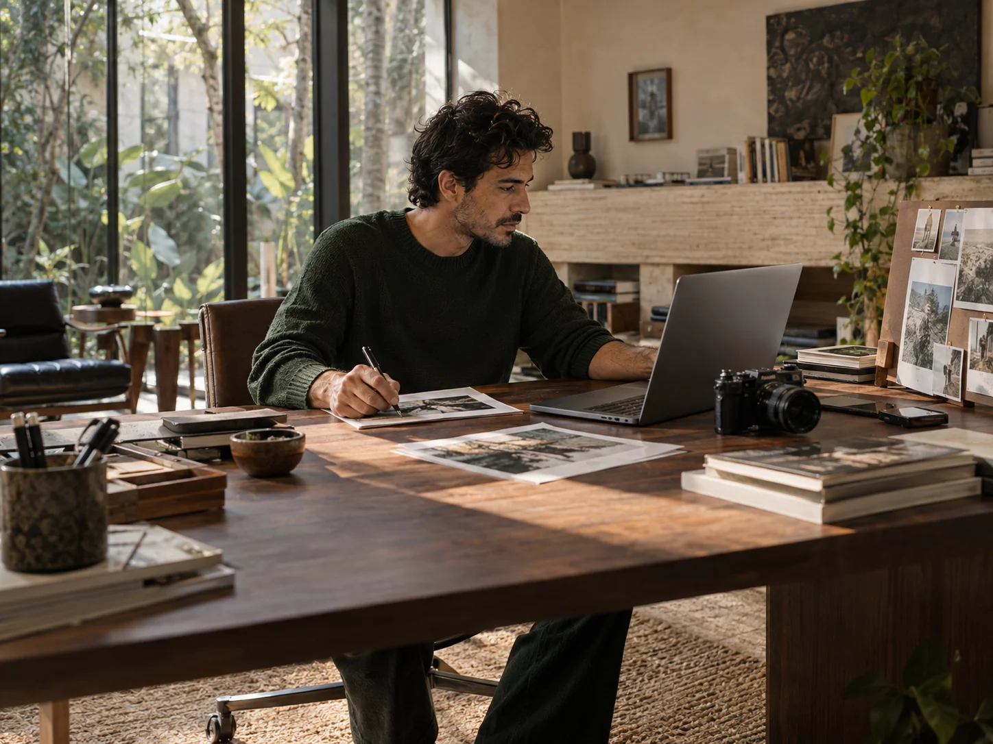 Independent creator reviewing print proofs at a walnut desk in a refined courtyard studio