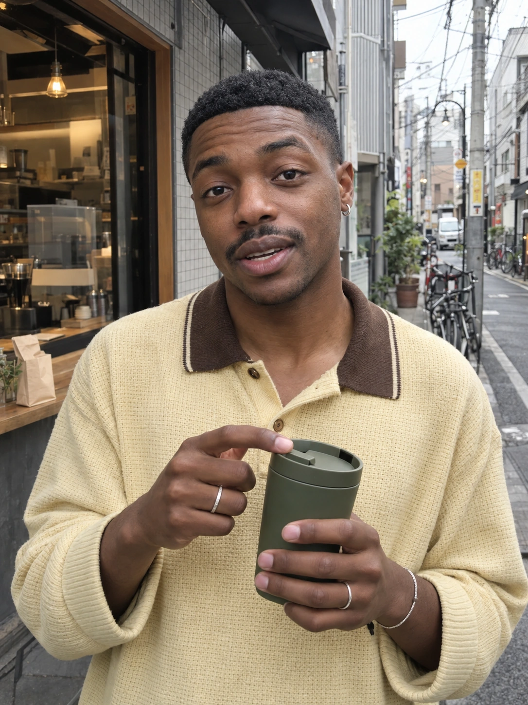 Stylish man in a butter-yellow vintage knit polo demonstrating an olive travel cup on a Tokyo side street