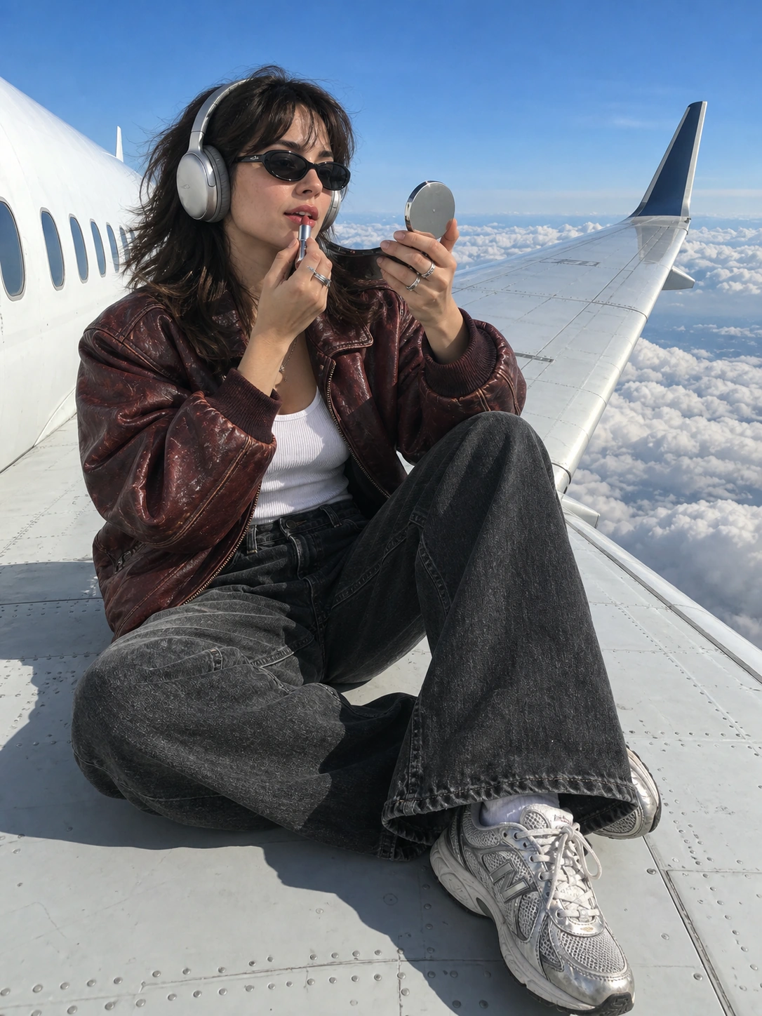 Stylish woman wearing sunglasses and over-ear headphones applying lipstick while sitting on an airplane wing above the clouds