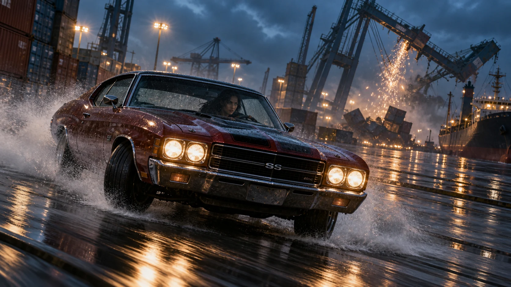 Original action-film concept still: a muscle car escapes through a flooded shipping port amid sparks and tire spray