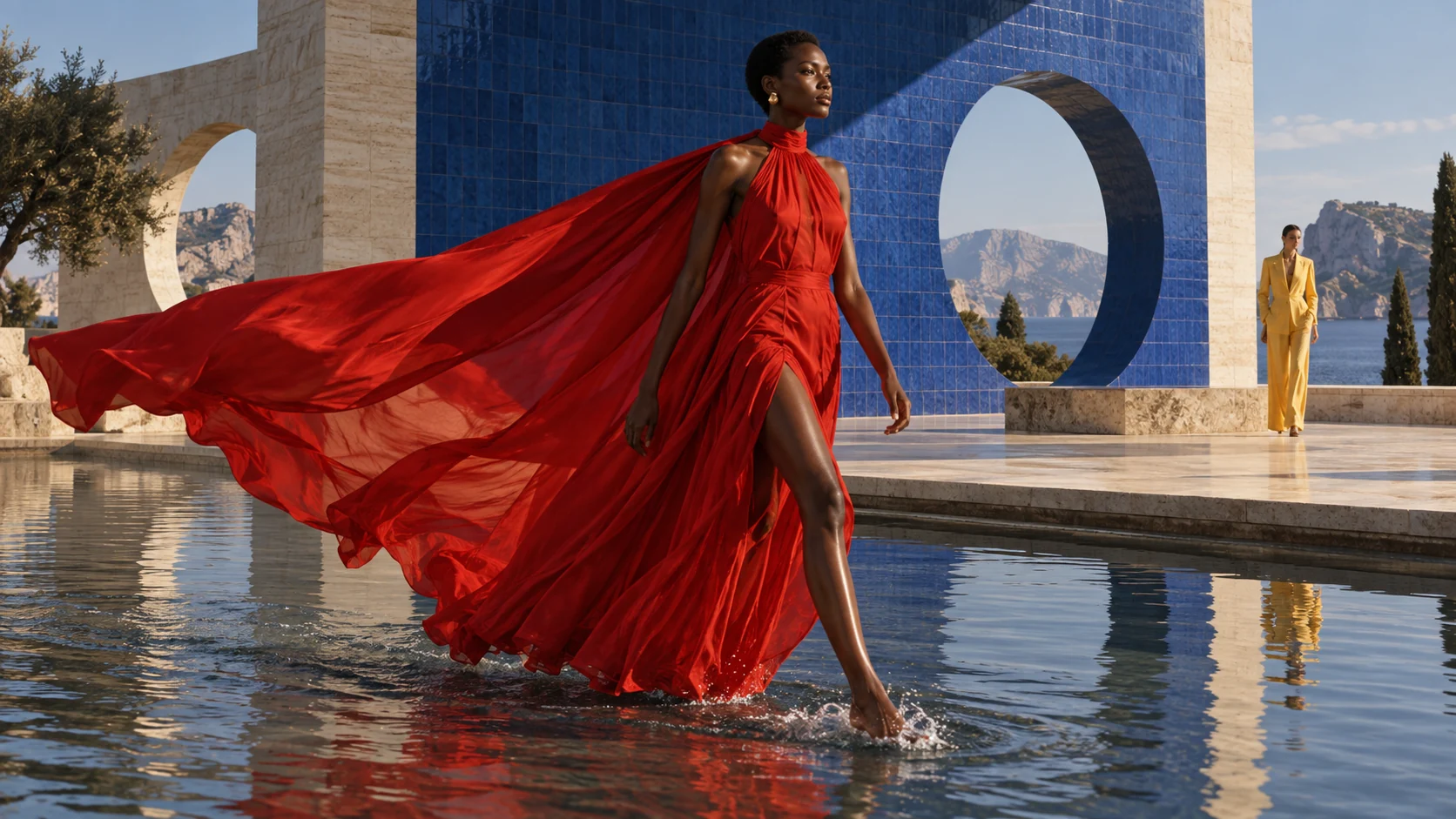 Fashion model striding through a reflecting pool in billowing red silk beside a cobalt-blue pavilion