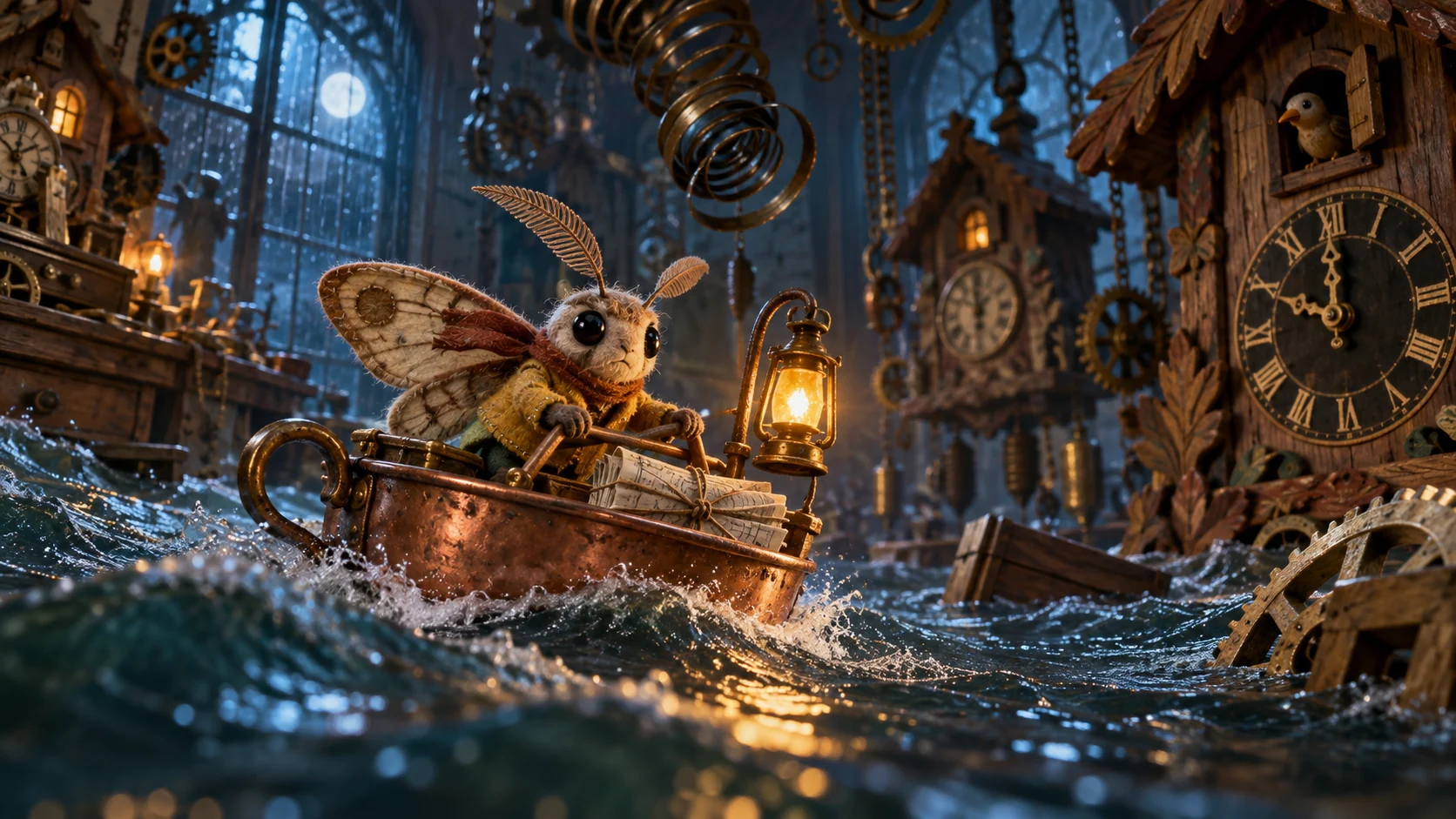 Handmade felt moth pilot steering a copper teacup boat through a flooded clockmaker’s workshop under lantern light